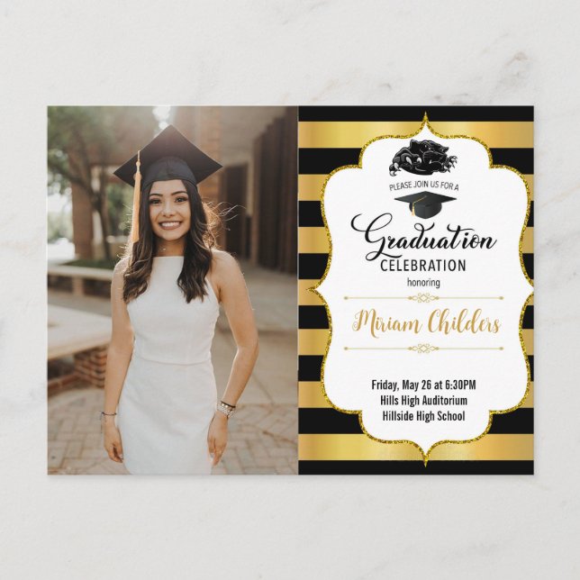 Carte Postale Invitation de graduation en noir et or avec photo (Devant)