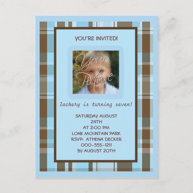 Carte Postale Invitation de jour d'anniversaire bleue et Brown (Devant)