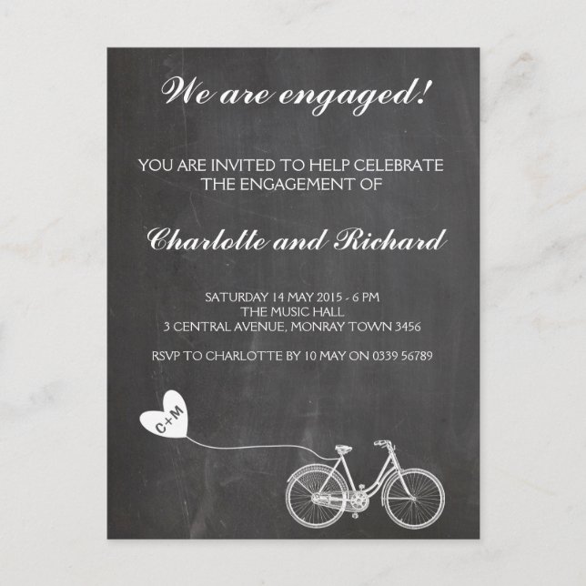 Carte Postale Invitation de la fête d'engagement vélo romantique (Devant)