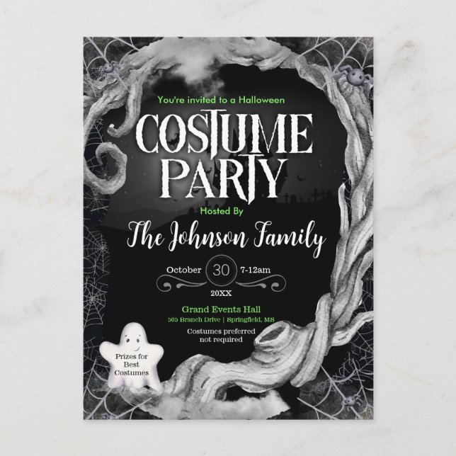 Carte Postale Invitation de la soirée costumée d'Halloween noir (Devant)