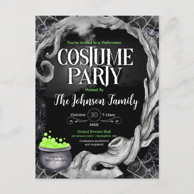 Carte Postale Invitation de la soirée costumée d'Halloween noir (Devant)