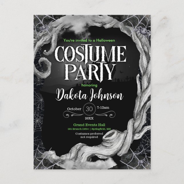 Carte Postale Invitation de la soirée costumée d'Halloween noir (Devant)