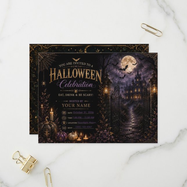 Carte Postale Invitation de luxe pour une soirée Halloween gothi (Devant/Arrière en situation)
