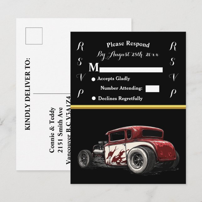 Carte Postale Invitation de mariage et Hot Rod (Devant / Derrière)