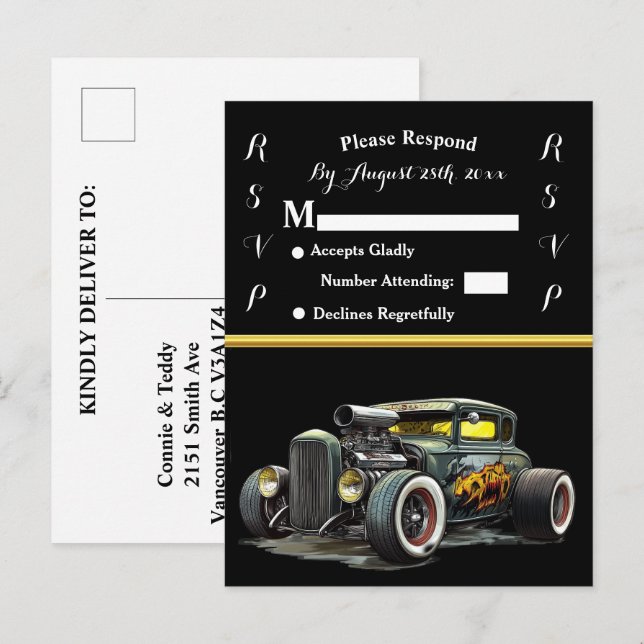 Carte Postale Invitation de mariage et Hot Rod (Devant / Derrière)