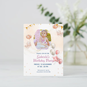 Carte Postale Invitation de naissance élégante avec photo pour K