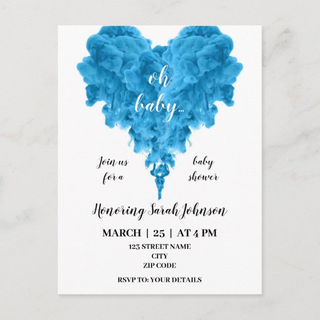Carte Postale Invitation du baby shower du coeur de fumée bleu b (Devant)