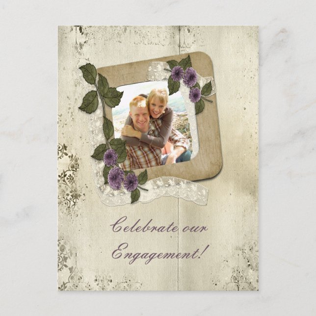 Carte Postale Invitation du Fiançailles de rebut Damask (Devant)