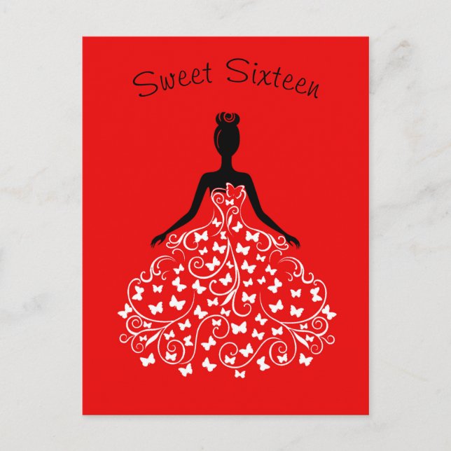 Carte Postale Invitation du Sweet sixteen rouge noir papillon (Devant)