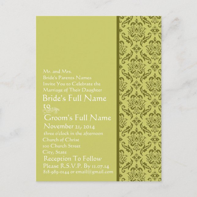 Carte Postale Invitation Elegant Lime Mariage damassé (Devant)