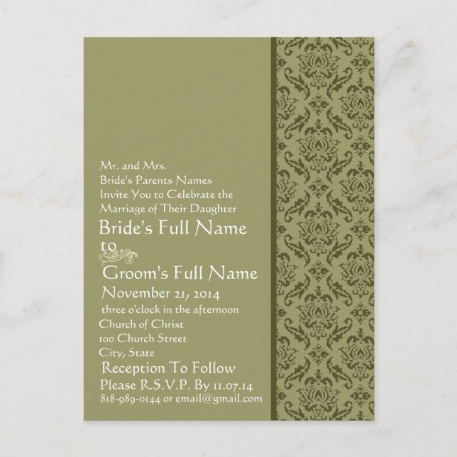 Carte Postale Invitation Elegant Olive & White Mariage damassé (Devant)