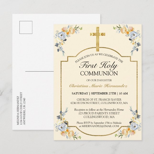 Carte Postale Invitation élégante de première communion croix do (Devant / Derrière)