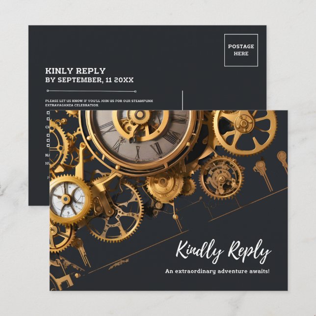 Carte Postale Invitation extravagante steampunk à engrenages RSV (Devant / Derrière)