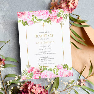 Carte Postale Invitation Florale de Baptême aux Roses