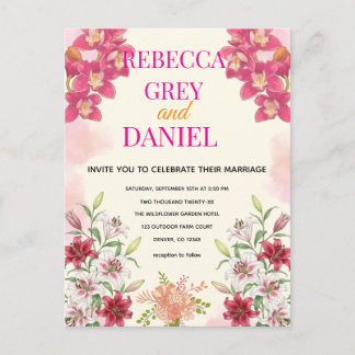 Carte Postale Invitation Florale Élégante Orchidée Rose et Lys
