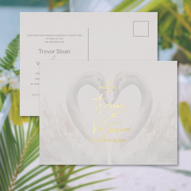 Carte postale Invitation Mariage Swan Foil (Swan Wedding Foil Invitation Postcard (front and back))