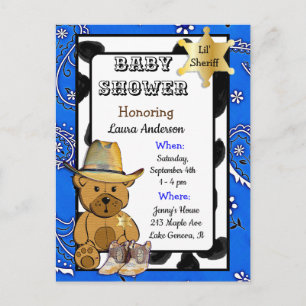 Carte Postale Invitation pour Baby Shower Ourson Cowboy Teddy Li