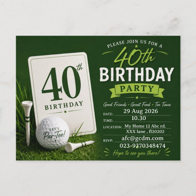 Carte Postale Invitation pour les 40 ans d'un golfeur (Devant)