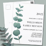 Carte postale Invitation Réunion Famille Eucalyptu<br><div class="desc">Réunissez votre famille pour la Réunion de famille avec cette carte postale d'invitation élégante. Il dispose d'une seule aquarelle eucalyptus sprig. Parce que nous créons notre propre oeuvre,  vous ne trouverez pas cette image exacte d'autres designers. Aquarelle originale © Michele Davies.</div>