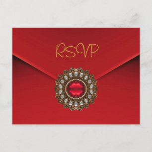 Carte postale Invitation RSVP Bijou rouge or