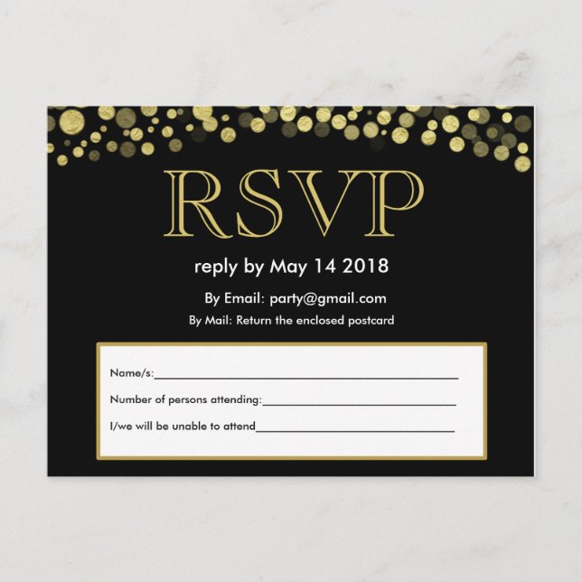 Carte postale invitation RSVP noir et or (Devant)