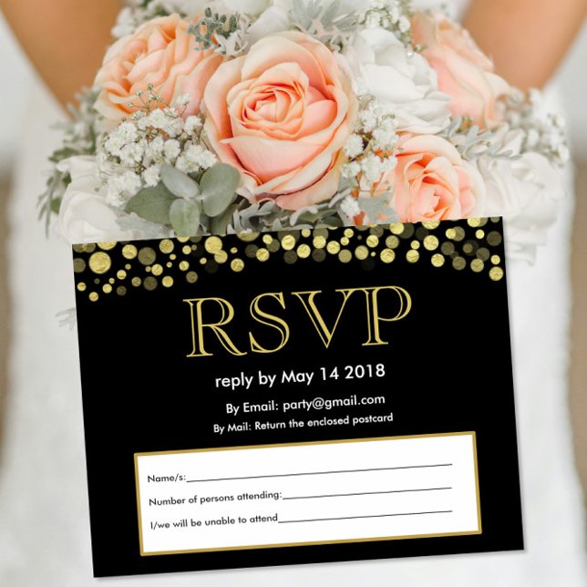 Carte postale invitation RSVP noir et or (Créateur téléchargé)