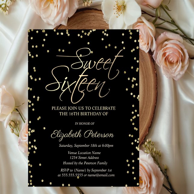 Carte Postale Invitation Simple Or Diamants Noir Sweet 16  (Créateur téléchargé)