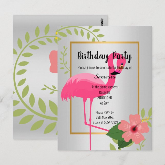 CARTE POSTALE INVITE ANNIVERSAIRE FLAMANT ROSE HIBISCUS ARGENT O (Devant / Derrière)