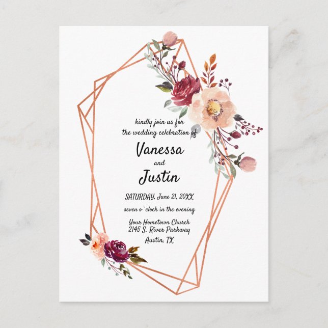Carte postale Inviter mariage floral en cuivre géo (Devant)