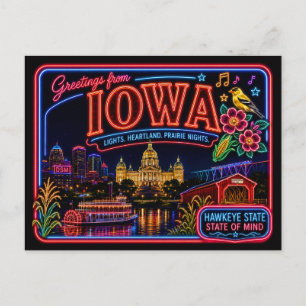 Carte Postale Iowa Neon State Rétro Vintage