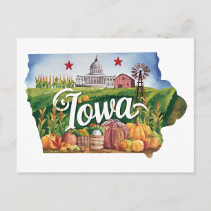Carte Postale Iowa USA État en forme de ferme vintage récolte