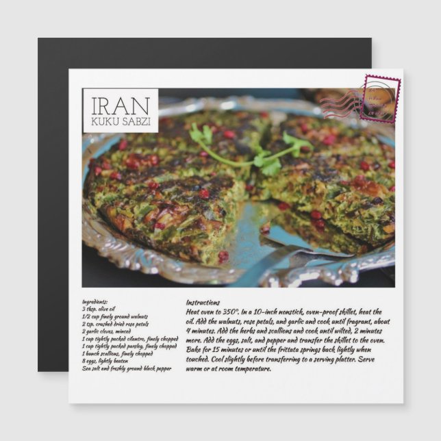 Carte postale IRAN Kuku Sabzi Recette magnétique (Devant / Derrière)