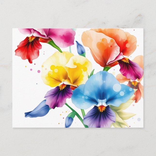 Carte Postale Iris Élégant en Fleurs avec Éclaboussure d'Aquarel (Devant)