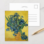Carte Postale Irises | Vincent van Gogh<br><div class="desc">Irises (1890) de Vincent van Gogh est une vie morte captivante qui présente un bouquet vibrant d'iris violets exposés dans un vase contre un arrière - plan jaune vif. La composition dynamique met en valeur la maîtrise des couleurs complémentaires de Van Gogh, créant un contraste saisissant entre les fleurs violettes...</div>
