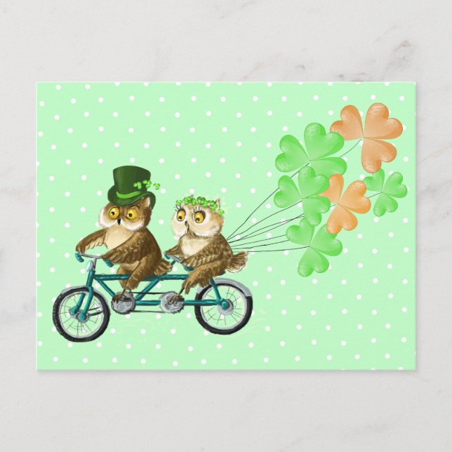 Carte Postale Irish bicyс le owls with clover baloons (Devant)