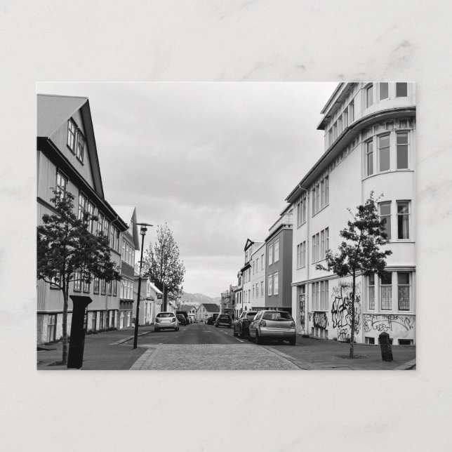 Carte Postale Islande Reykjavik Street Scene noir blanc Photo (Devant)