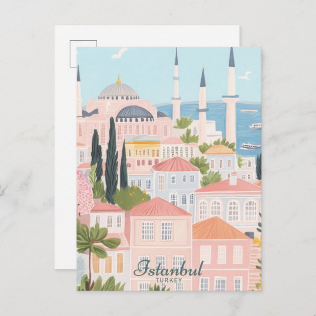 Carte Postale Istanbul Turquie Gouache Peinture Illustration Voy (Devant / Derrière)