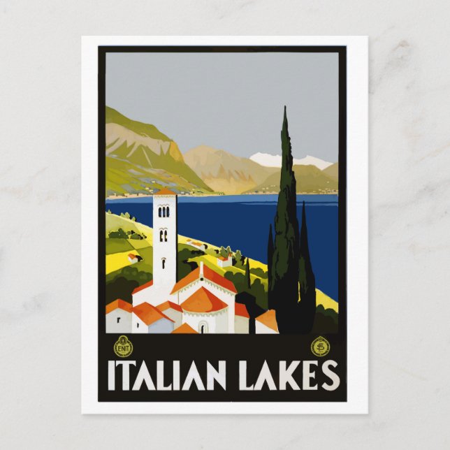 Carte Postale Italie, lacs italiens, illustration, voyage vintag (Devant)