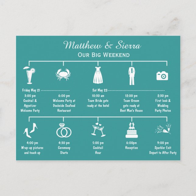 Carte Postale Itinéraire du calendrier de fin de semaine mariage (Devant)