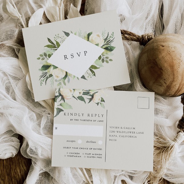 Carte Postale Ivory Bloom Floral Mariage Choix de repas RSVP (Créateur téléchargé)