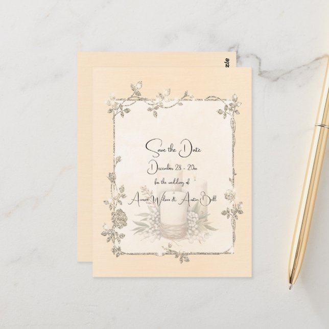 Carte Postale Ivory Shiny Elegant Sparkly Save the Date (Devant/Arrière en situation)