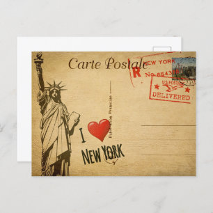 Carte Postale J'❤️ New York Statue Vintage de la Liberté