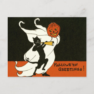 Carte Postale Jack O' Lantern Black Cat Ghost Horn