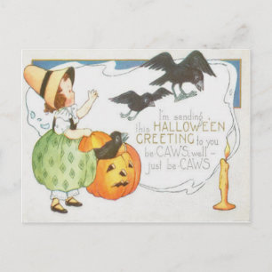 Carte Postale Jack-o'-lantern Citrouille Ghost Crow Candle Girl