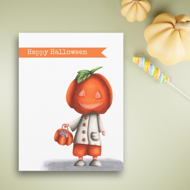 Carte Postale Jack-o'-lantern Citrouille Head Boy Halloween heur (Cute Kids Jack O Lantern Pumpkin Head Halloween Postcard by Kinda Cute by Patricia Alvarez)