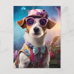 Carte Postale Jack Russell, Verres roses et casquette rose