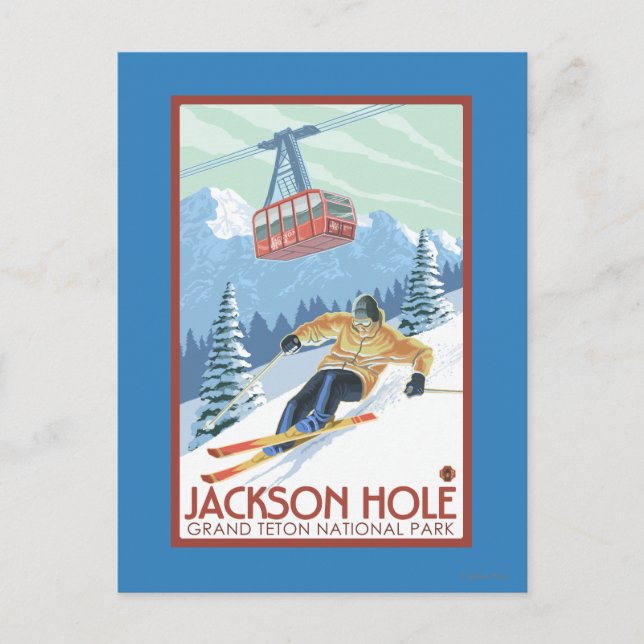 Carte Postale Jackson Hole, skieur du Wyoming et tram (Devant)