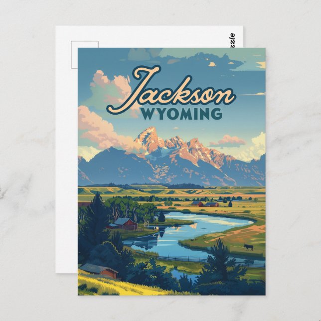 Carte Postale Jackson Hole Wyoming Ranch Tetons Mountains Retro (Devant / Derrière)