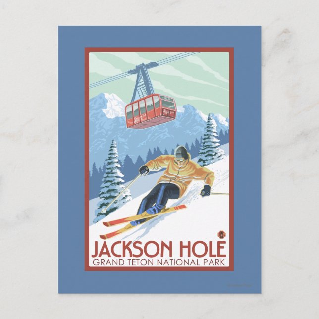 Carte Postale Jackson Hole, Wyoming Skier et Tramway (Devant)