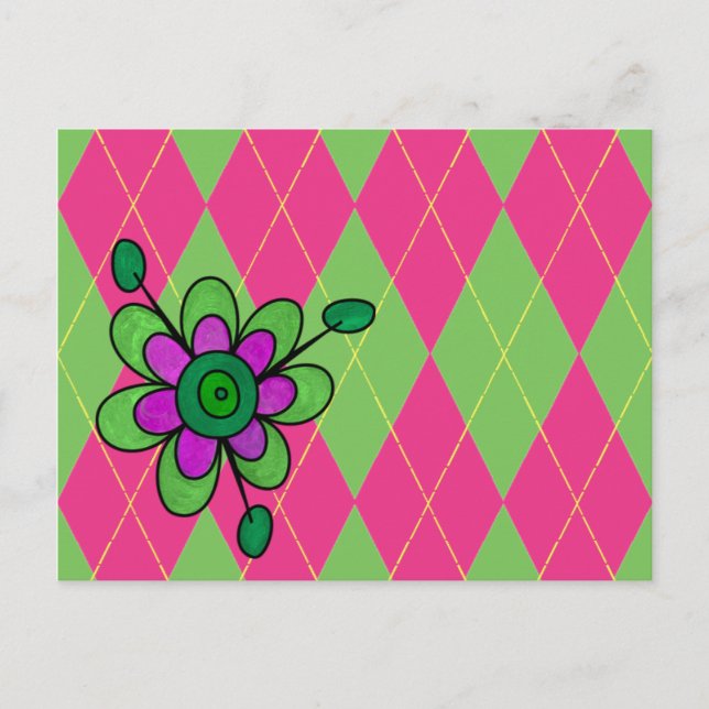 Carte Postale Jacquard rose et vert et fleurs (Devant)
